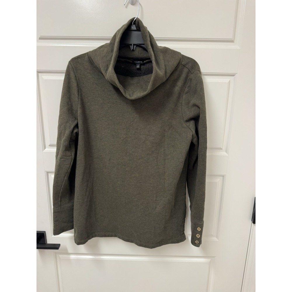 Talbots Cowl Neck Fleece Sweatshirt Pullover Gold Buttons Green Women Medium